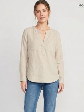 Ann Taylor Beige Linen Blend Split Neck Long Sleeve Tunic Blouse Sz S